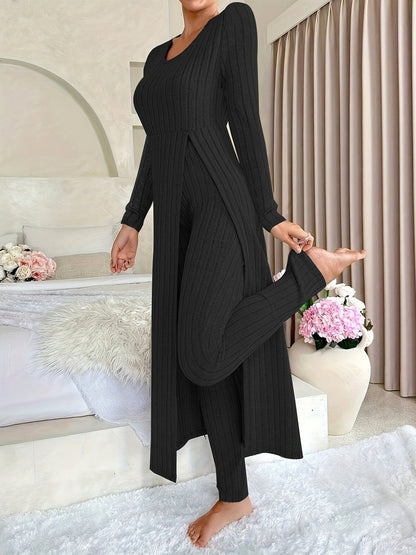Ribbed Knit Long Sleeve Two Piece Set