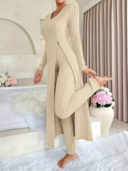 Ribbed Knit Long Sleeve Two Piece Set