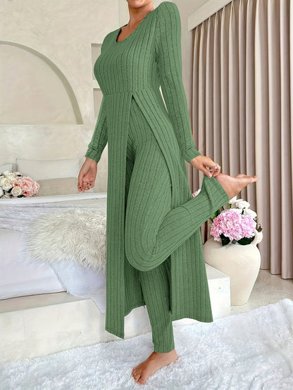 Ribbed Knit Long Sleeve Two Piece Set