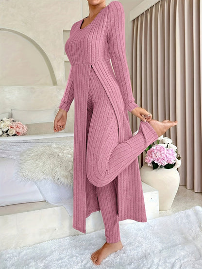 Ribbed Knit Long Sleeve Two Piece Set