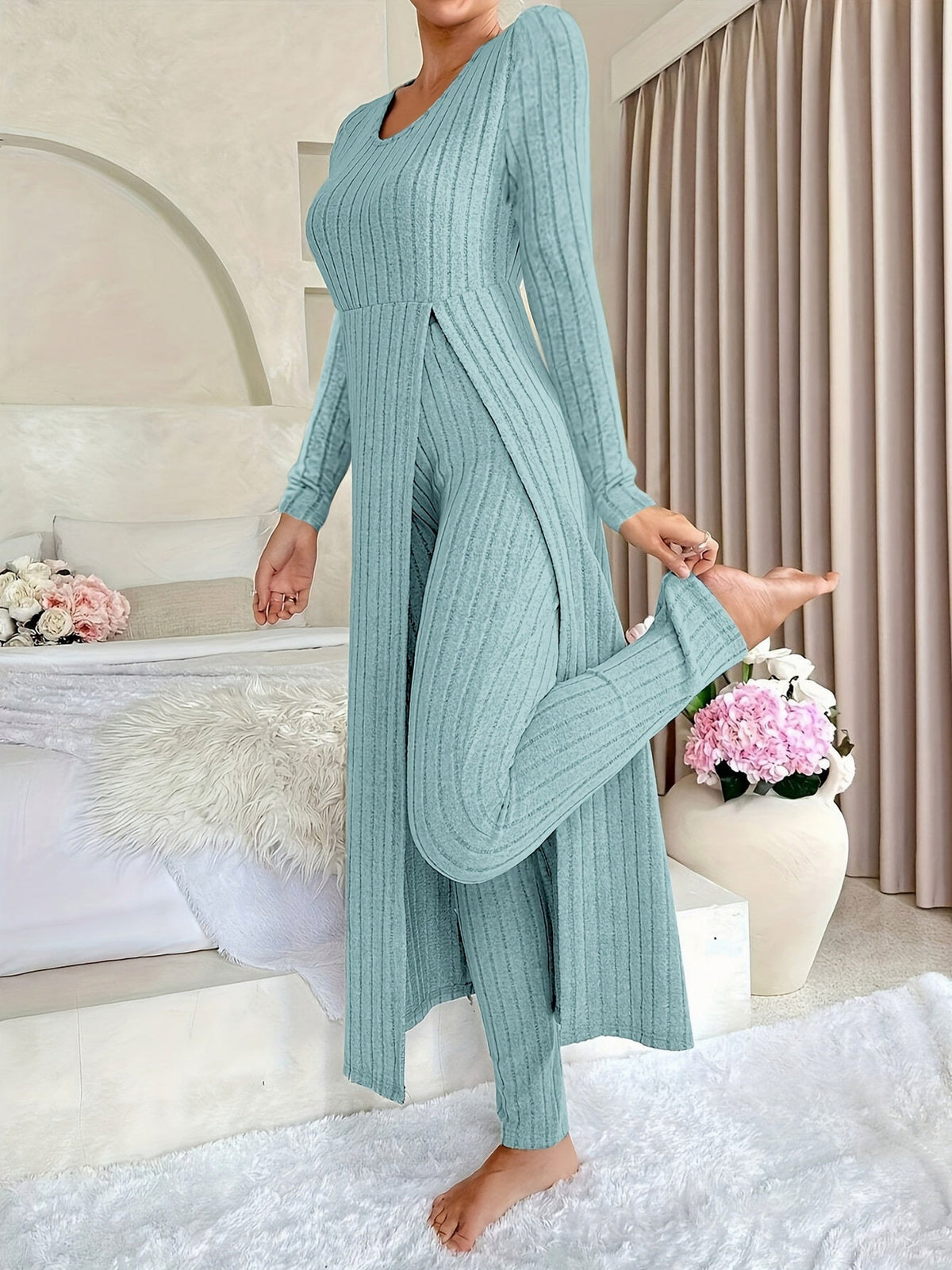 Ribbed Knit Long Sleeve Two Piece Set