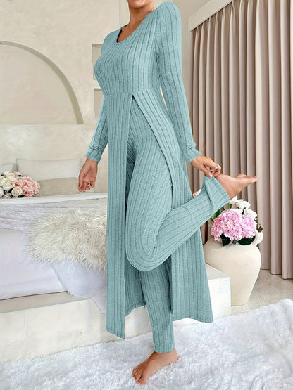 Ribbed Knit Long Sleeve Two Piece Set