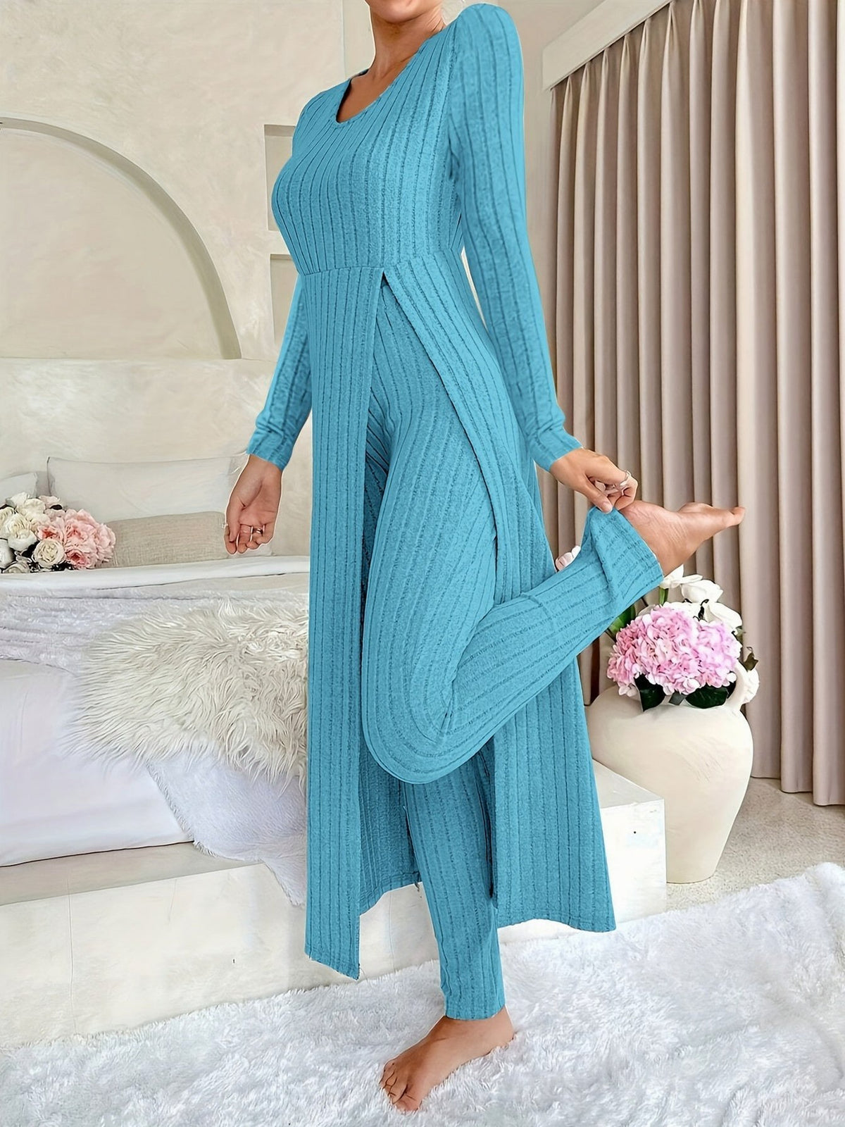 Ribbed Knit Long Sleeve Two Piece Set