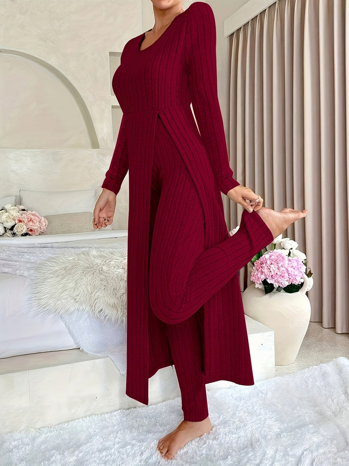 Ribbed Knit Long Sleeve Two Piece Set