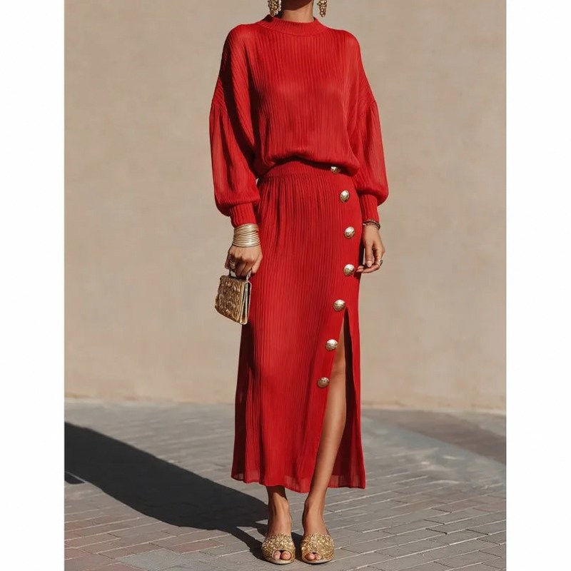 Ribbed Knit Mock Neck Long Sleeve Two Piece Set