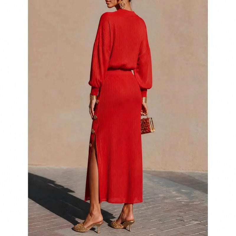Ribbed Knit Mock Neck Long Sleeve Two Piece Set