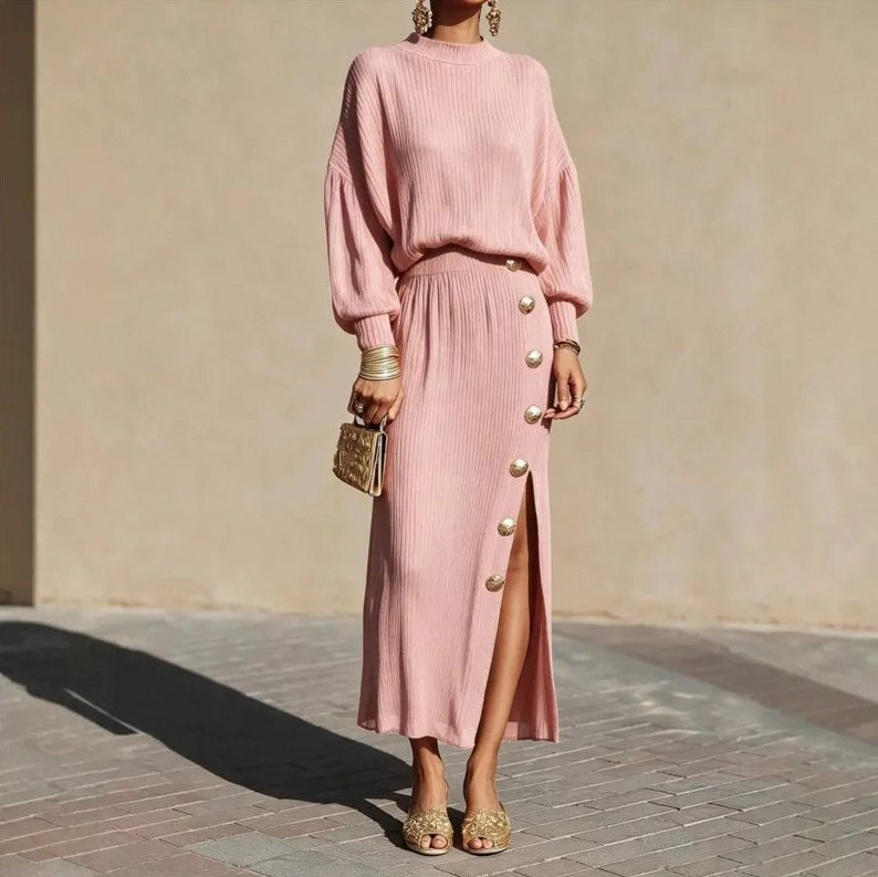 Ribbed Knit Mock Neck Long Sleeve Two Piece Set