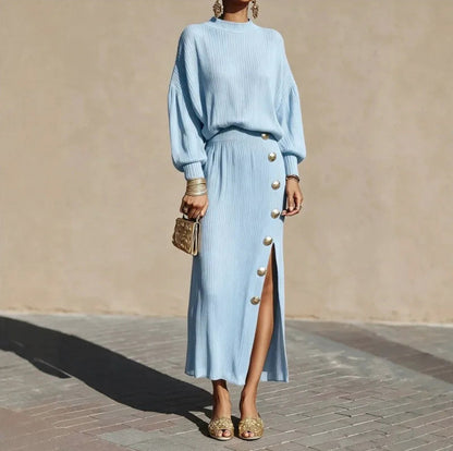 Ribbed Knit Mock Neck Long Sleeve Two Piece Set