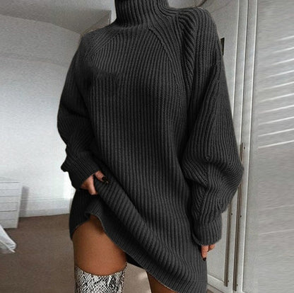 Ribbed Knit Turtleneck Mini Sweater Dress