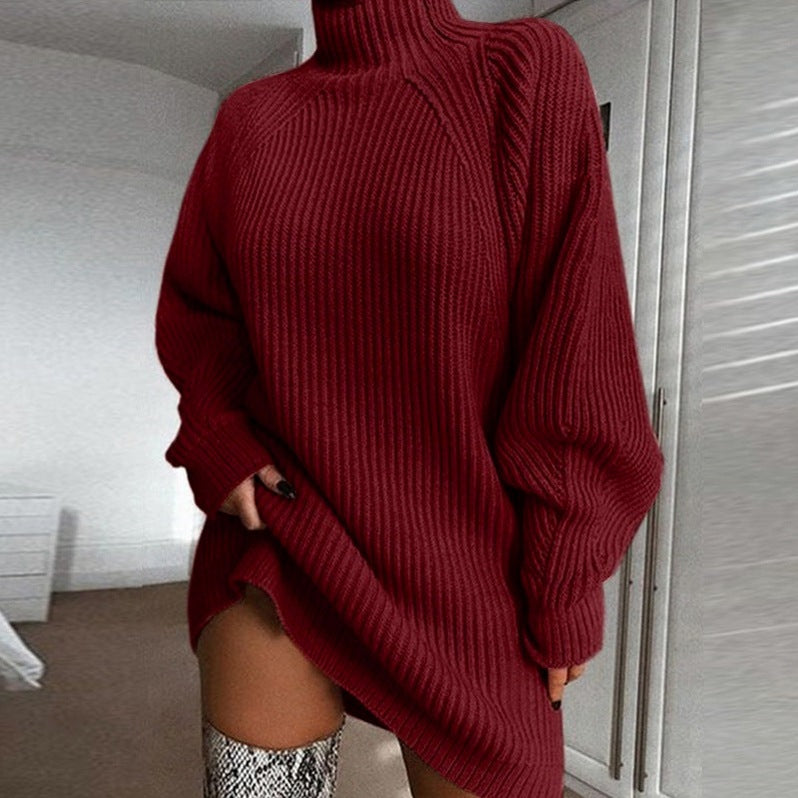 Ribbed Knit Turtleneck Mini Sweater Dress