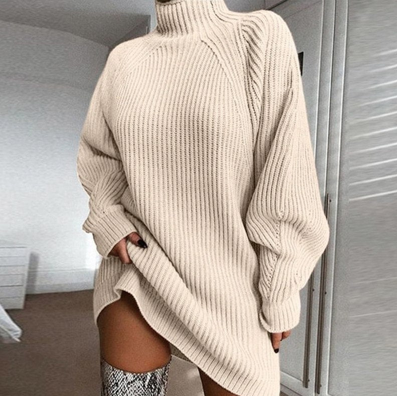 Ribbed Knit Turtleneck Mini Sweater Dress
