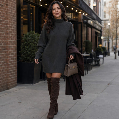 Ribbed Knit Turtleneck Mini Sweater Dress