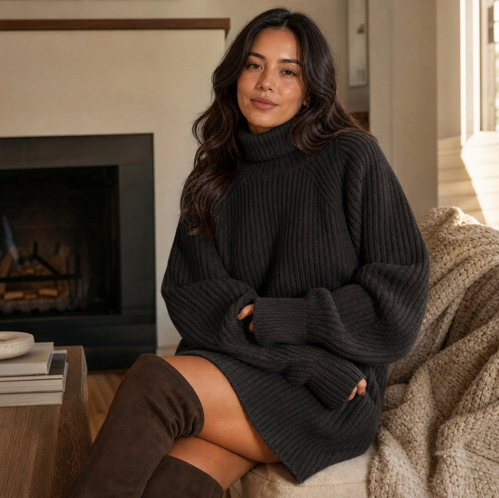Ribbed Knit Turtleneck Mini Sweater Dress