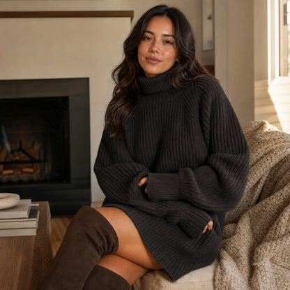 Ribbed Knit Turtleneck Mini Sweater Dress