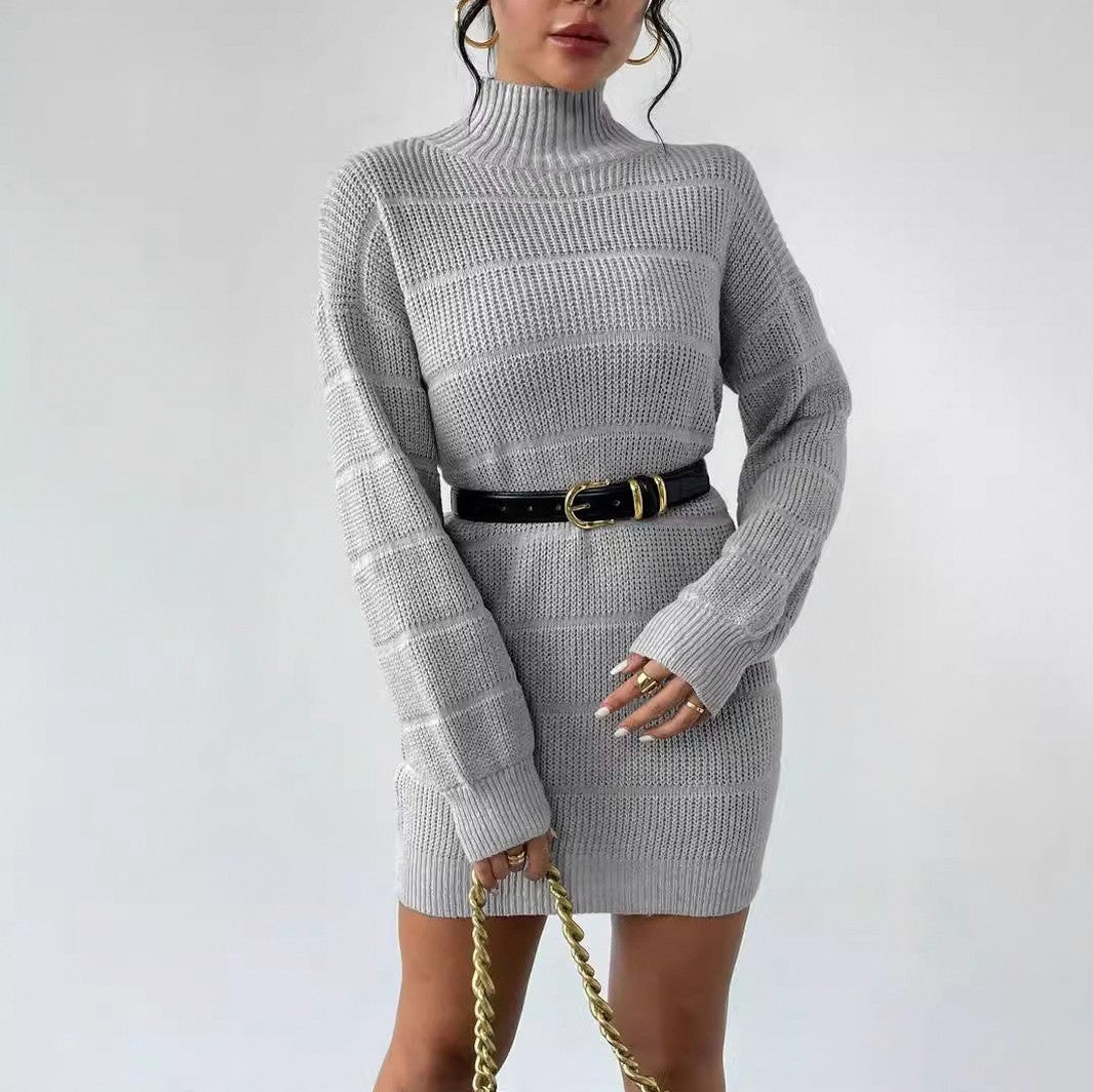 Ribbed Knit Turtleneck Sweater Dress