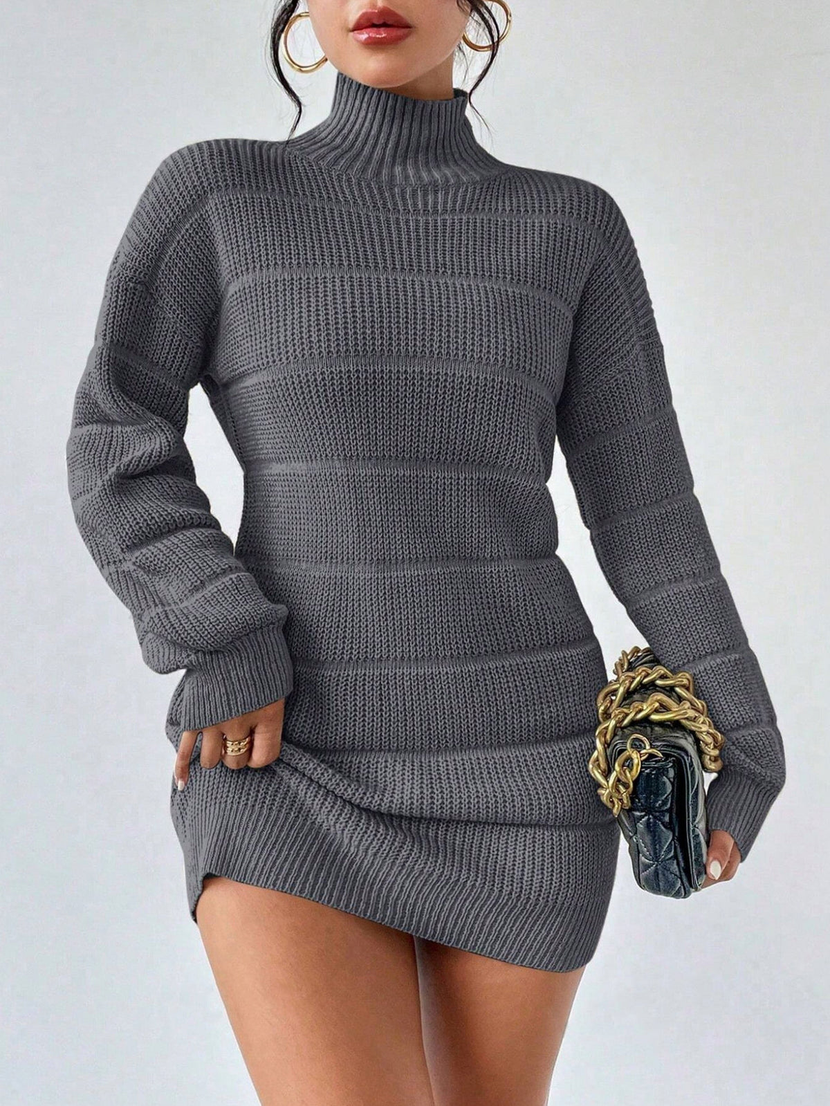 Ribbed Knit Turtleneck Sweater Dress