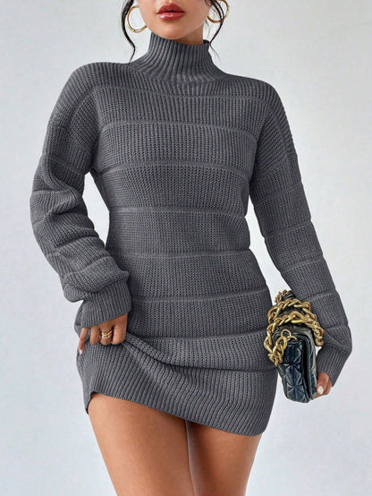 Ribbed Knit Turtleneck Sweater Dress