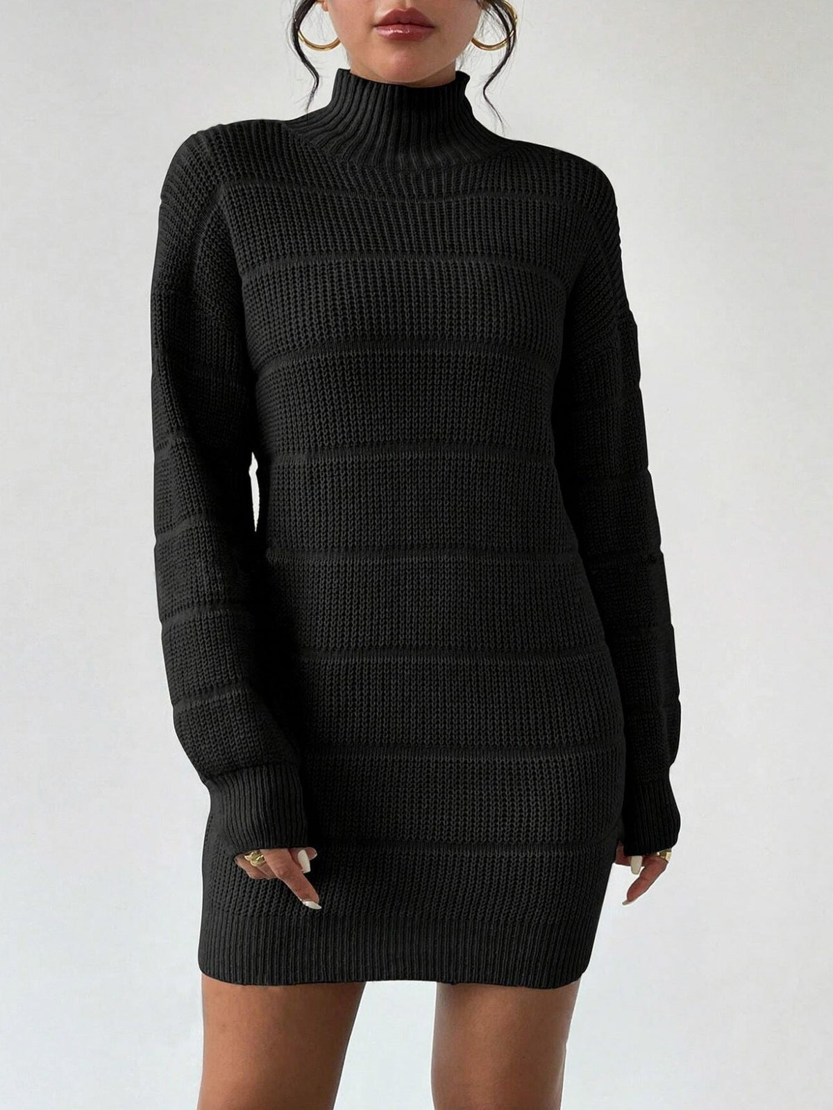 Ribbed Knit Turtleneck Sweater Dress