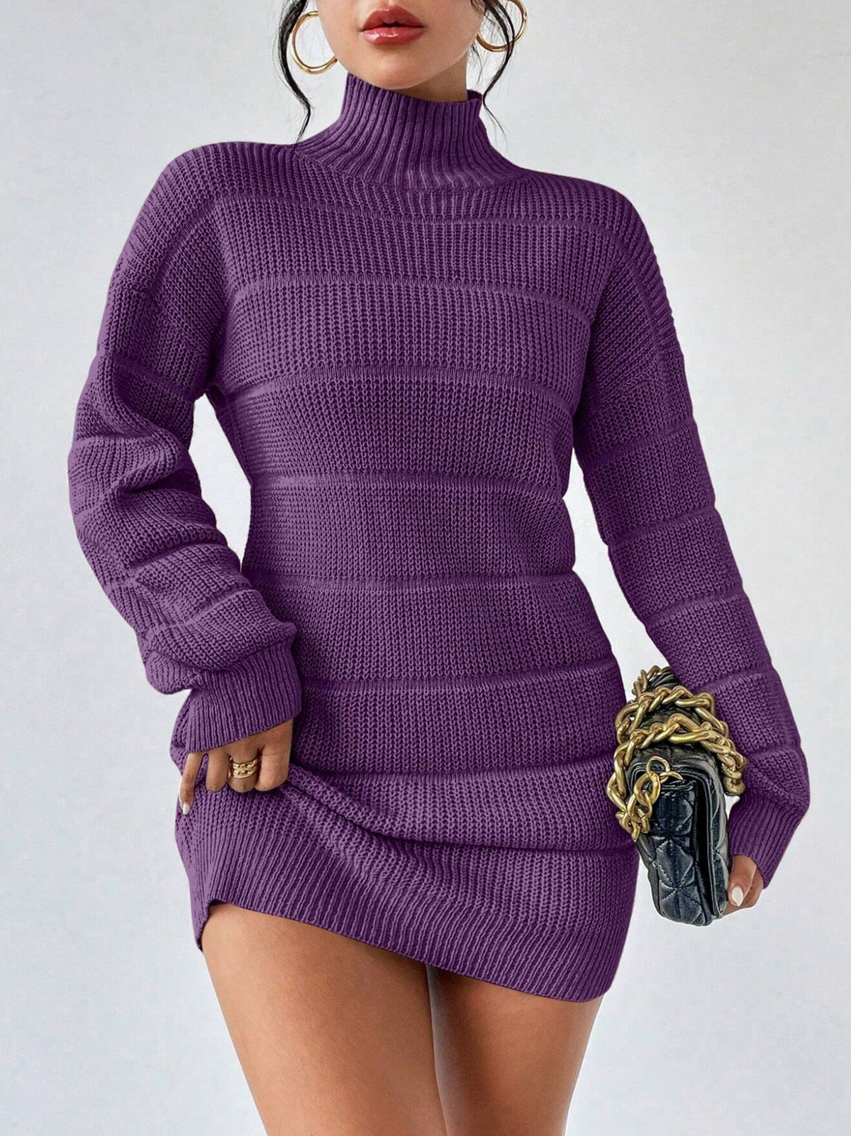 Ribbed Knit Turtleneck Sweater Dress