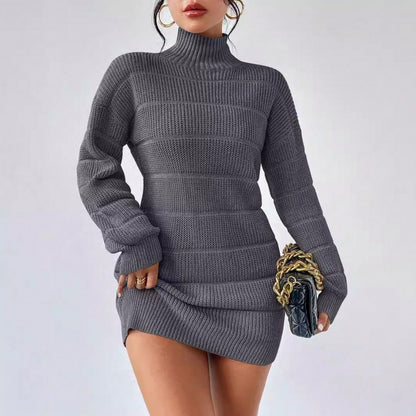 Ribbed Knit Turtleneck Sweater Dress