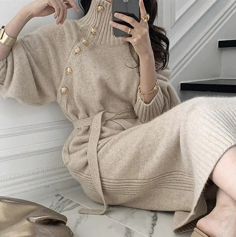 Ribbed Turtleneck Long Sleeve Sweater Dress