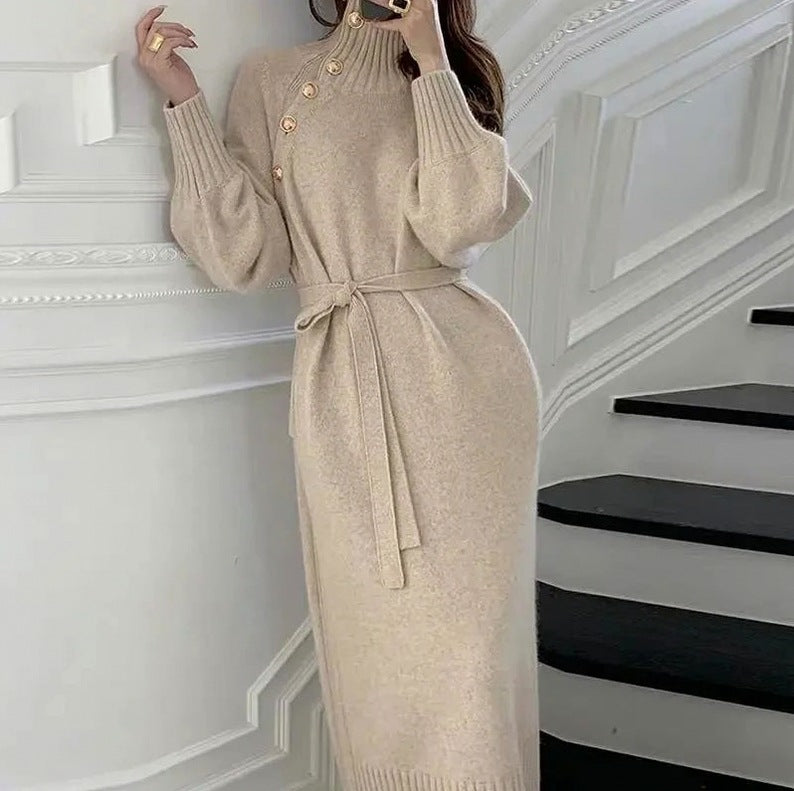 Ribbed Turtleneck Long Sleeve Sweater Dress