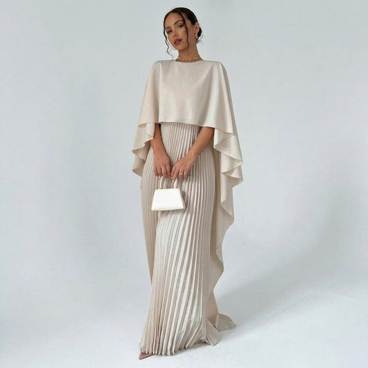 Satin Capelet Pleated Maxi Dress