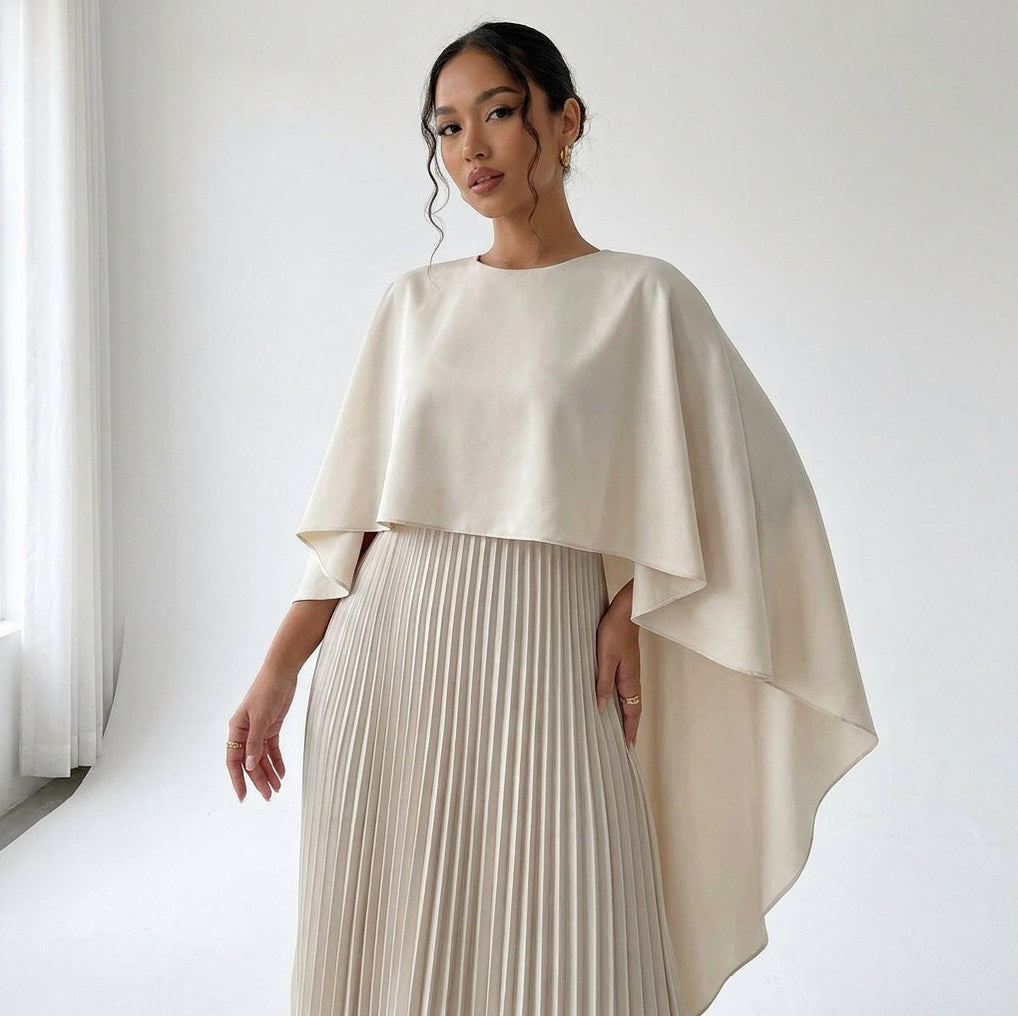 Satin Capelet Pleated Maxi Dress