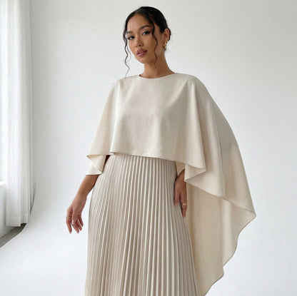 Satin Capelet Pleated Maxi Dress