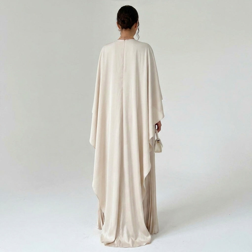 Satin Capelet Pleated Maxi Dress