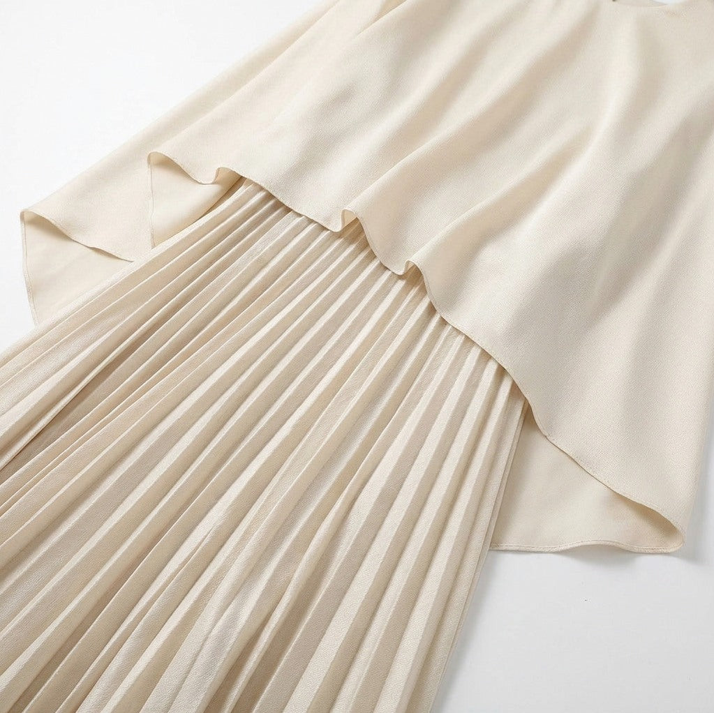 Satin Capelet Pleated Maxi Dress