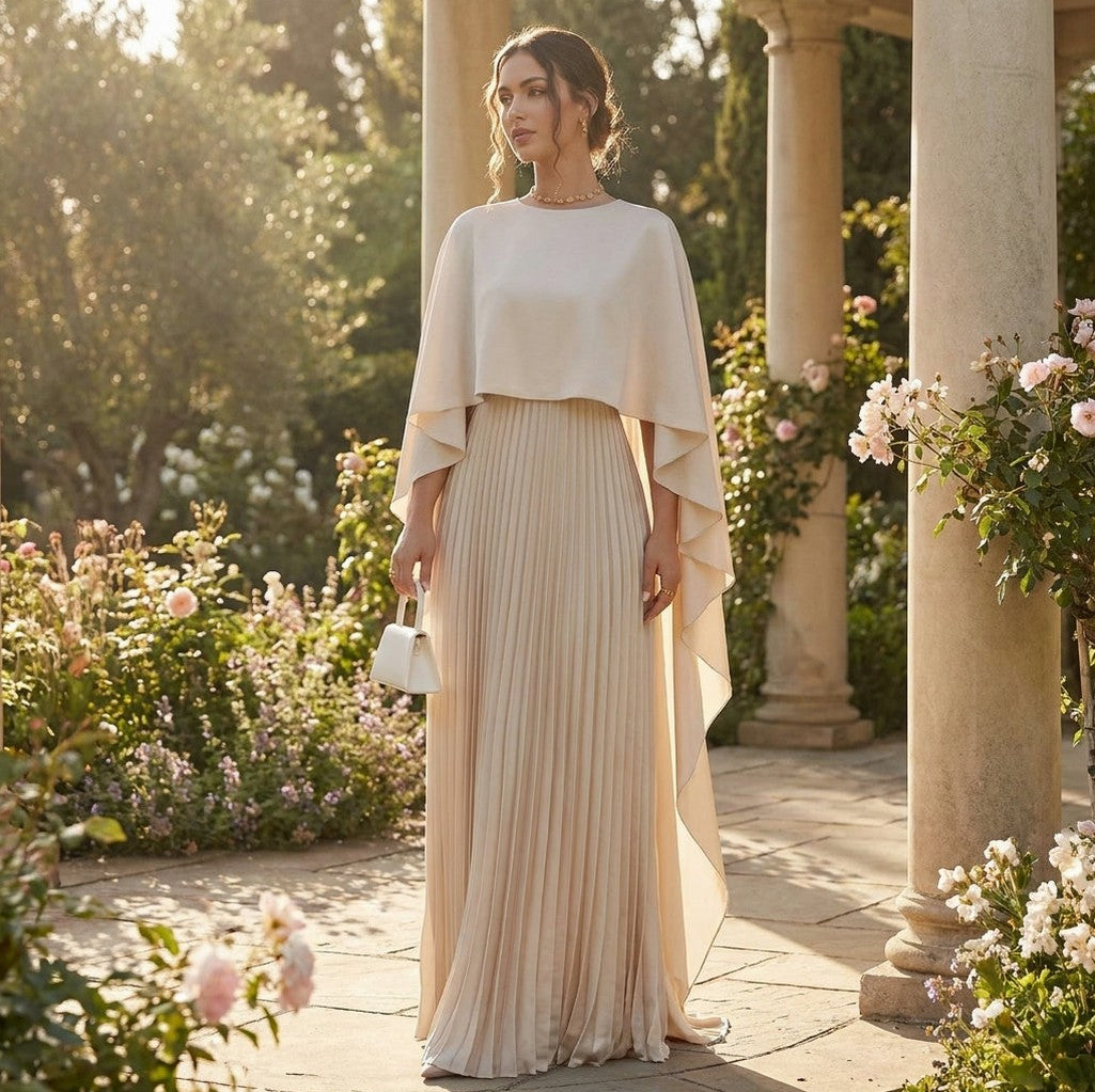 Satin Capelet Pleated Maxi Dress