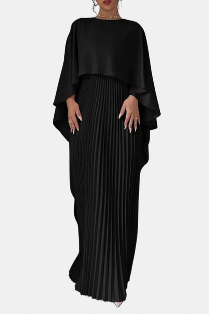 Satin Capelet Pleated Maxi Dress