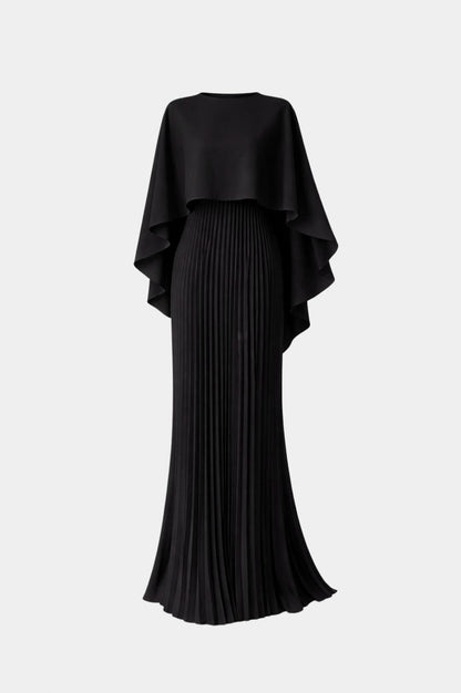Satin Capelet Pleated Maxi Dress