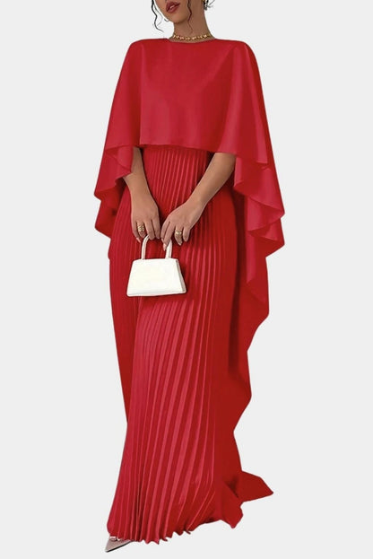 Satin Capelet Pleated Maxi Dress