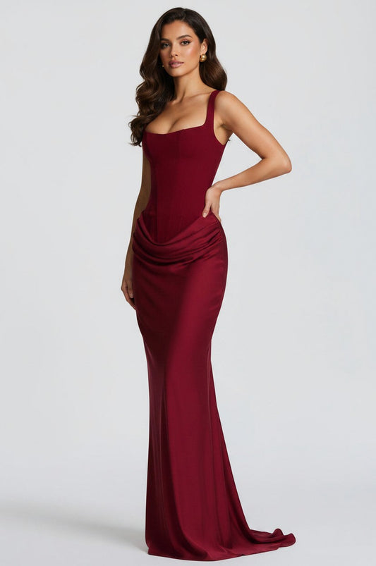 Satin Corset Draped Maxi Dress
