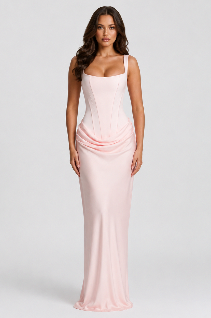 Satin Corset Draped Maxi Dress