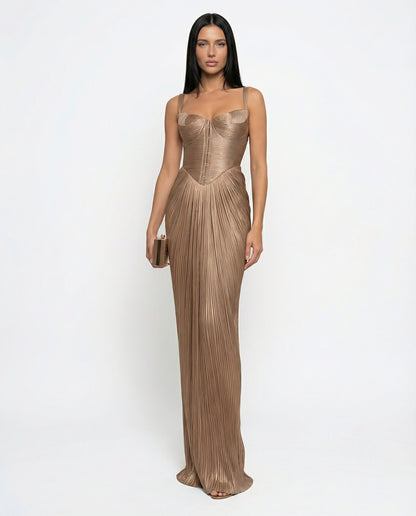 Satin Corset Pleated Maxi Dress
