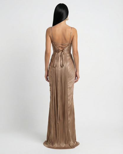 Satin Corset Pleated Maxi Dress