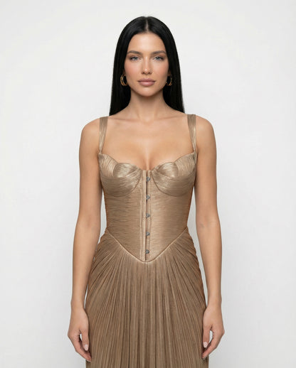 Satin Corset Pleated Maxi Dress