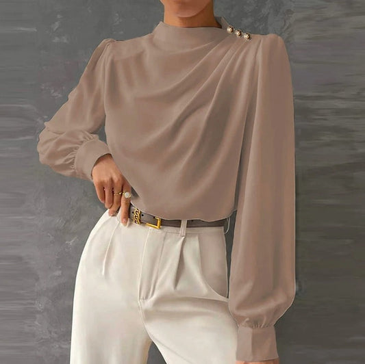 Satin Mock Neck Long Sleeve Blouse