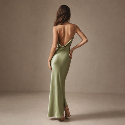 Satin V-Neck Ruched Maxi Dress