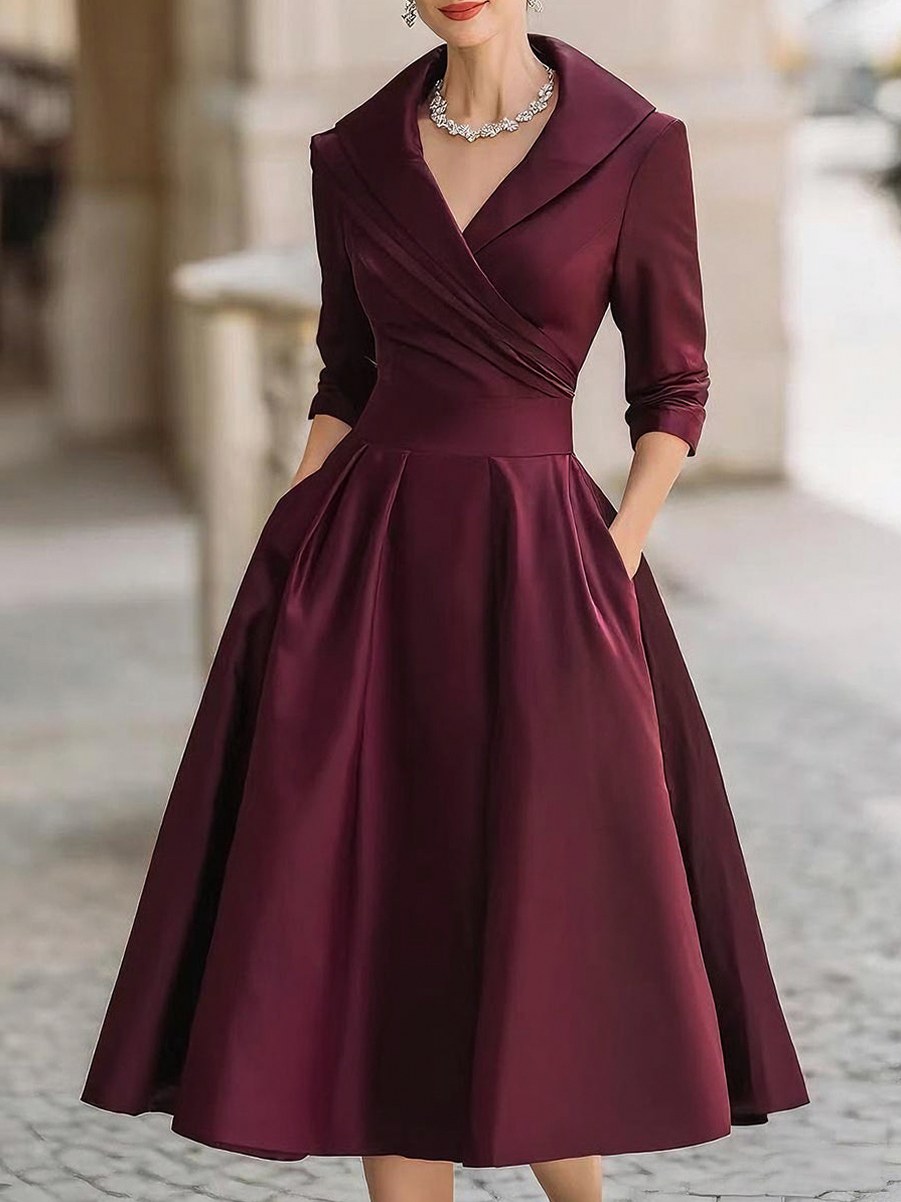 Satin Wrap 3/4 Sleeve Midi Dress