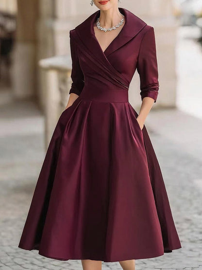 Satin Wrap 3/4 Sleeve Midi Dress