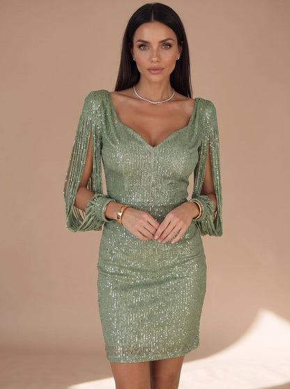 Sequin Fringe Long Sleeve Mini Dress