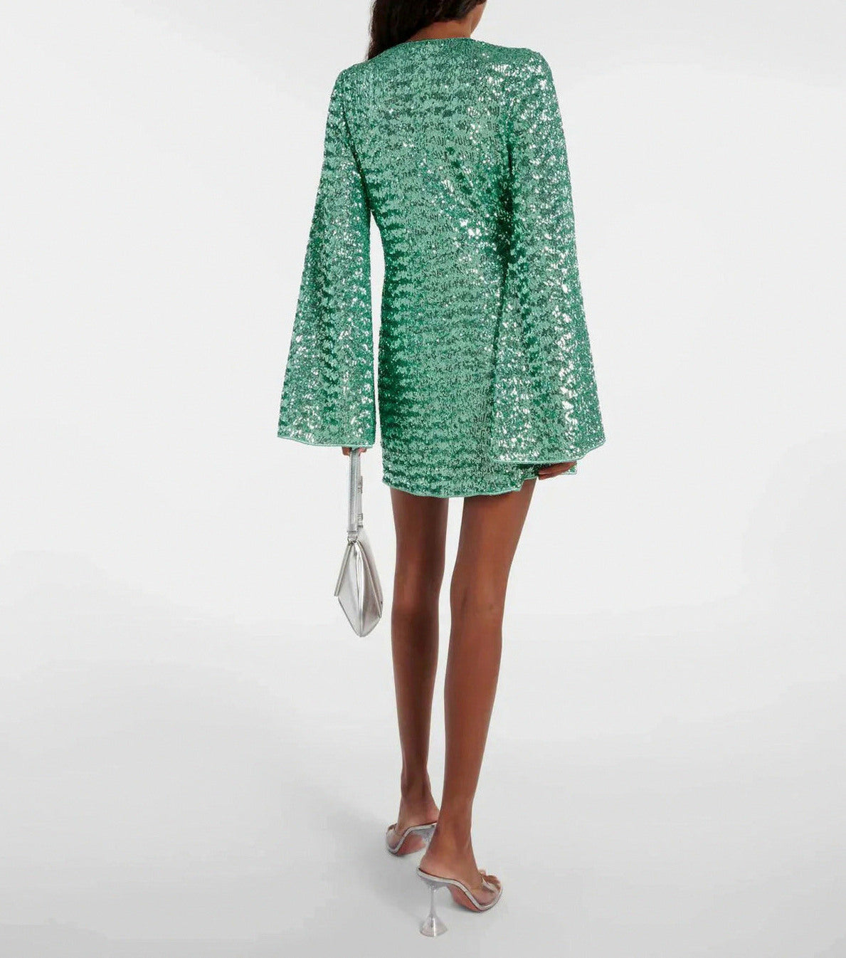 Sequin Long Sleeve Plunge Mini Dress