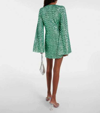 Sequin Long Sleeve Plunge Mini Dress