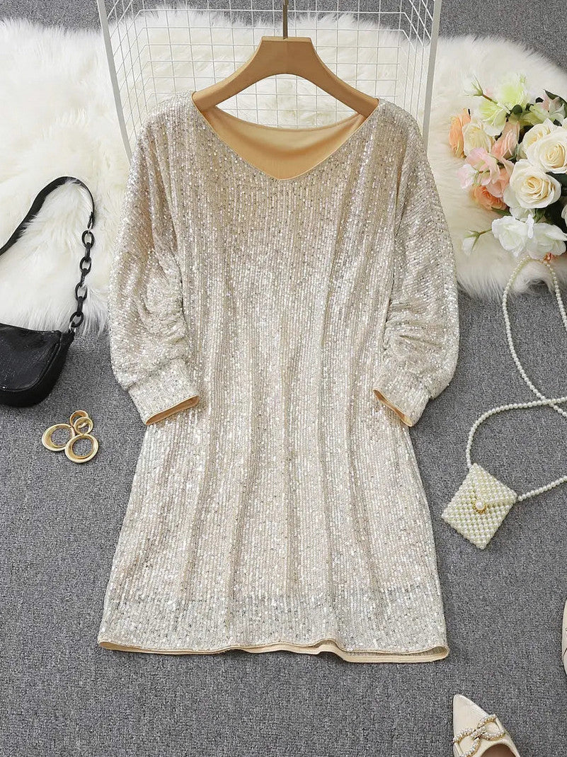 Sequin Off Shoulder Long Sleeve Mini Dress