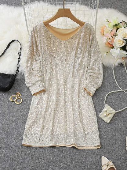 Sequin Off Shoulder Long Sleeve Mini Dress