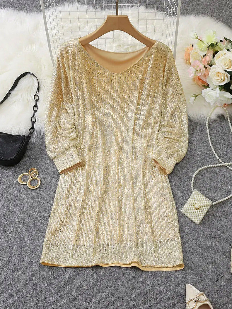 Sequin Off Shoulder Long Sleeve Mini Dress